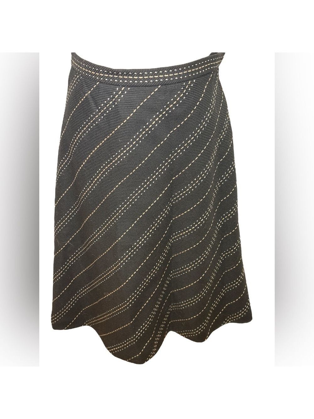 NWOT 90s WOOL KNEE LENGTH SKIRT W CREAM & TAN DIAGONAL STITCHED STRIPES SZ 14P